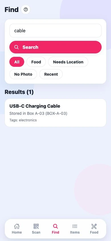 StowCue Find screen searching saved inventory and locations